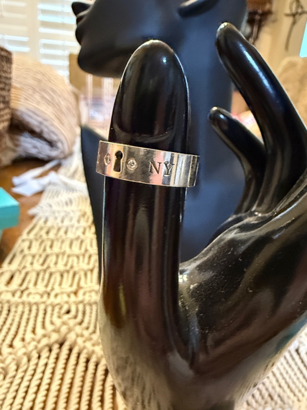 Tiffany & Co. New York Silver & Diamond Engraved Keyhole Ring